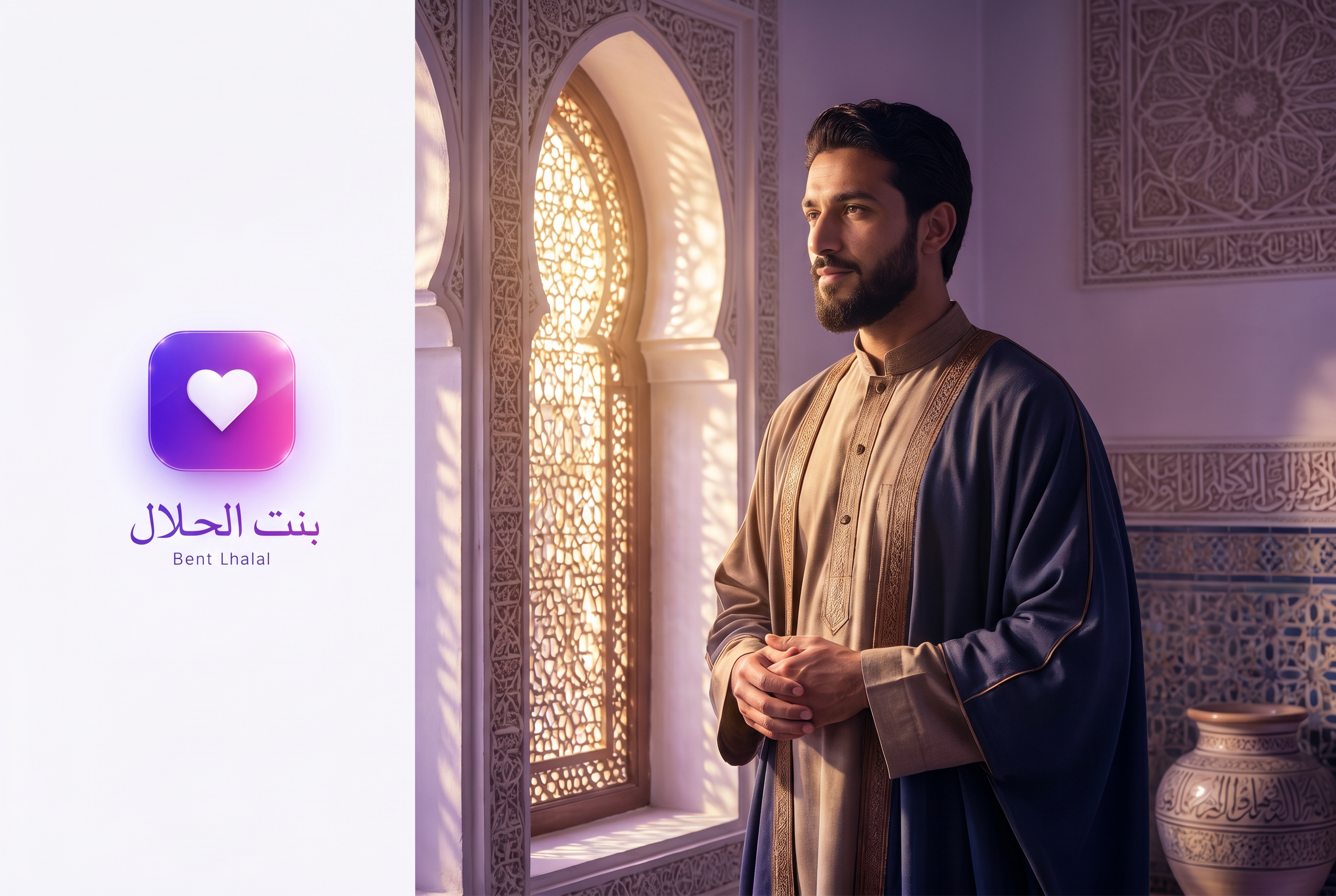 رجل مسلم صالح يقف بثقة داخل منزل مغربي عصري بإضاءة دافئة تعكس صفات الزوج الصالح في الإسلام