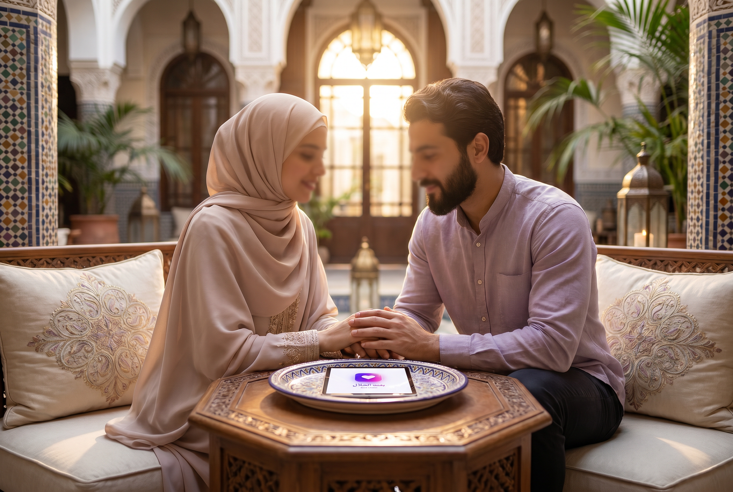 امرأة مسلمة تشعر بالراحة النفسية مع رجل صالح في أجواء تعبر عن معرفة نصيبها الحقيقي