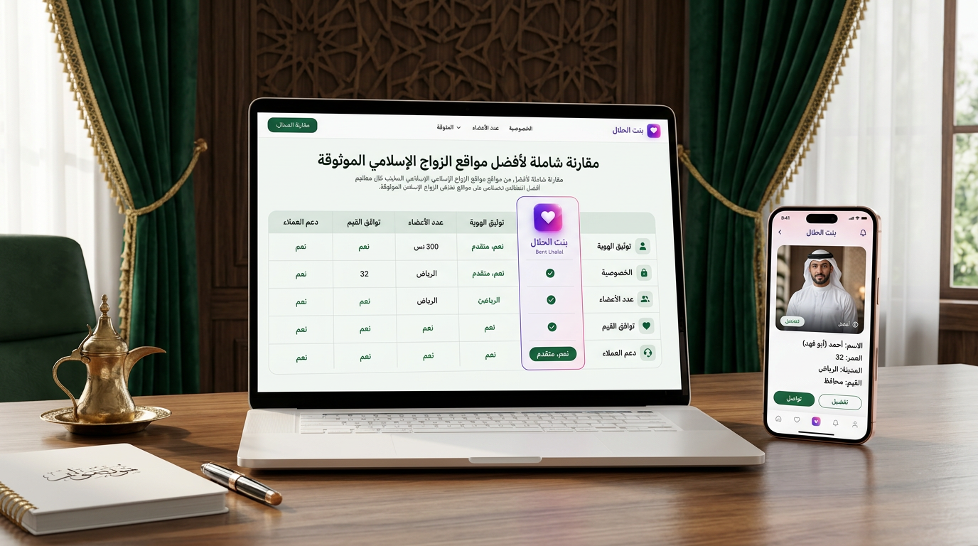 لوحة مقارنة احترافية بين أفضل مواقع الزواج الإسلامي 2026 — بنت الحلال
